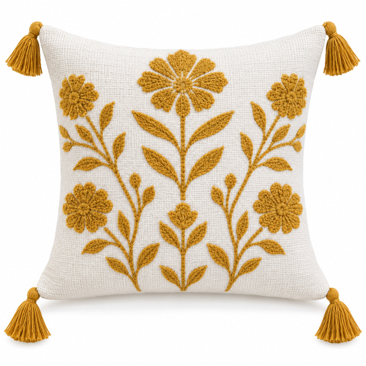 Ivory decorative cushion cover with mustard floral motif and corner tassels