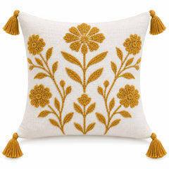 Ivory decorative cushion cover with mustard floral motif and corner tassels