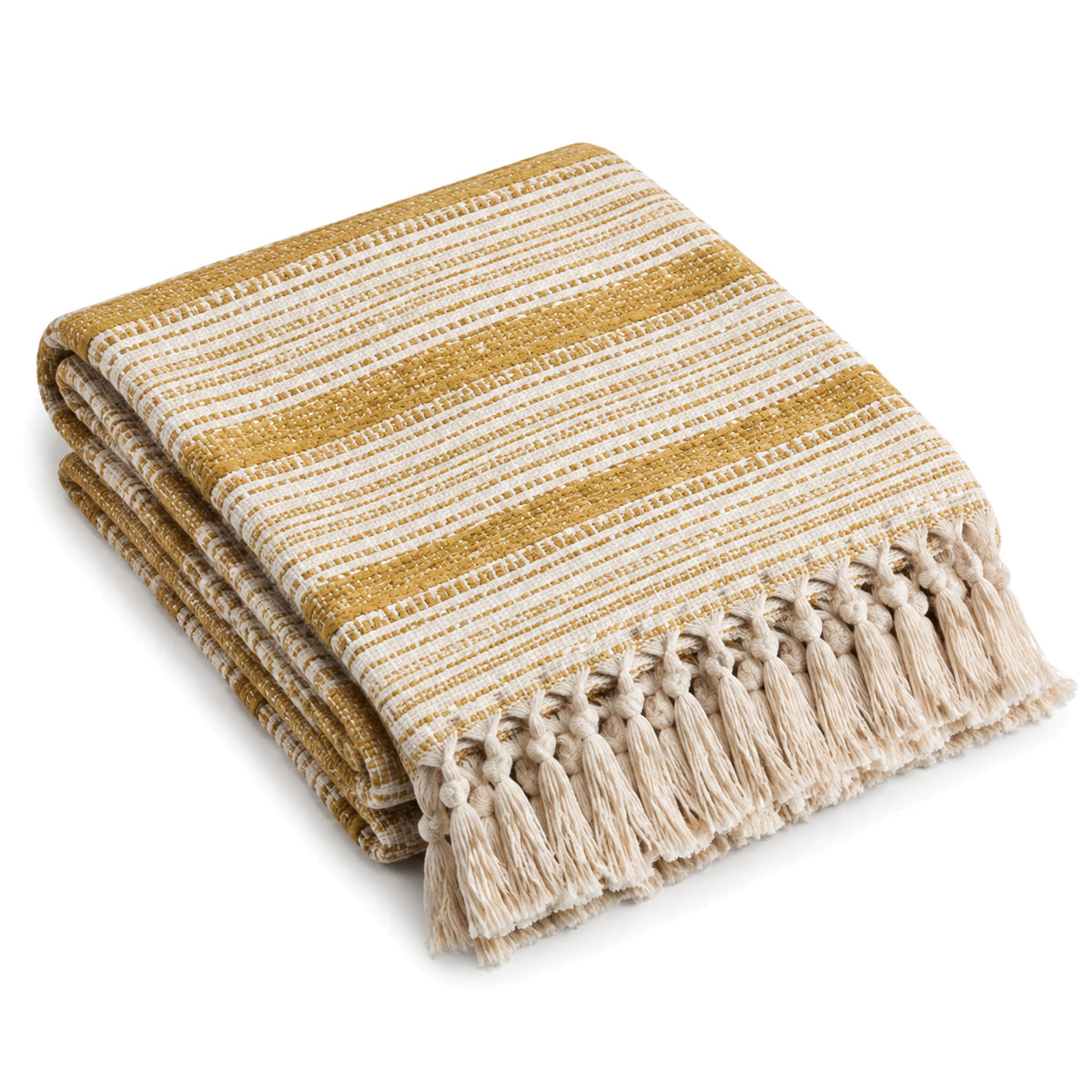 Mustard and ivory artisan striped woven cotton throw with fringe 130×170 cm by Primeval