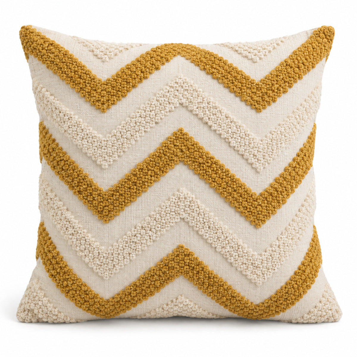 Mustard and ivory decorative cushion with raised chevron tufting