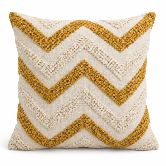 Mustard and ivory decorative cushion with raised chevron tufting