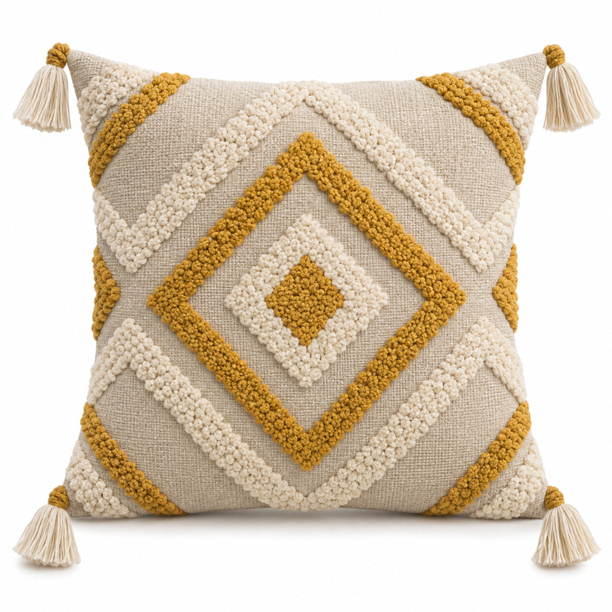 Mustard and ivory decorative cushion with tufted diamond pattern and corner tassels