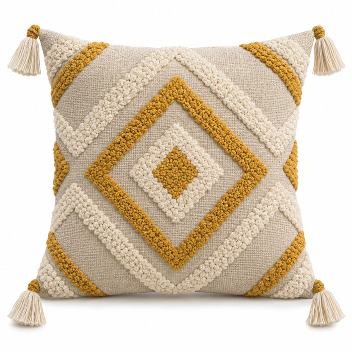 Mustard and ivory decorative cushion with tufted diamond pattern and corner tassels