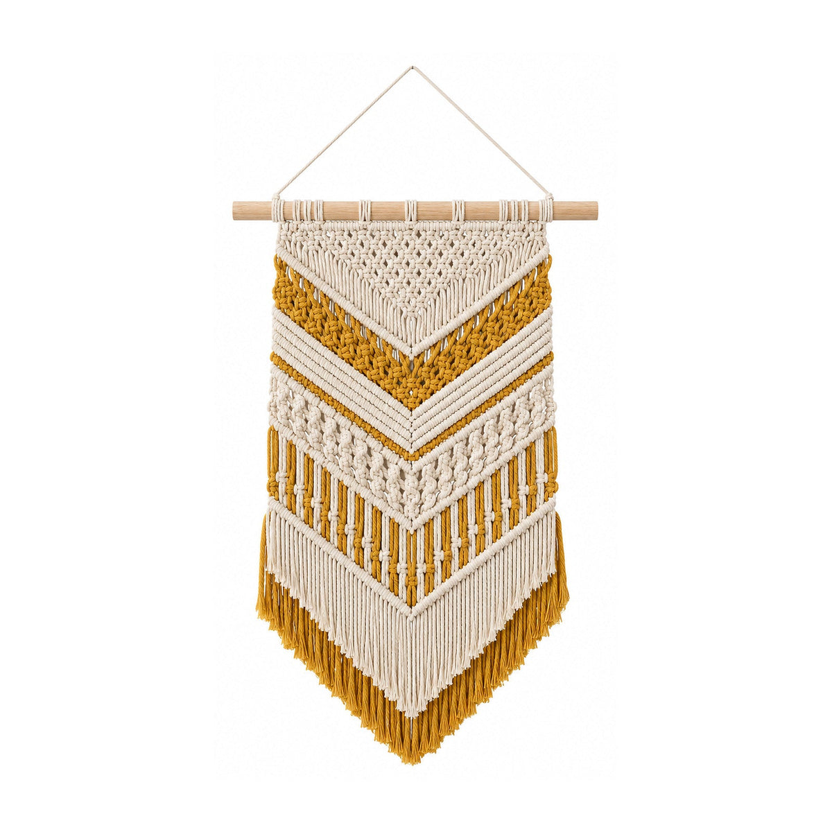 Mustard and ivory geometric cotton macrame wall hanging with layered chevrons and fringe