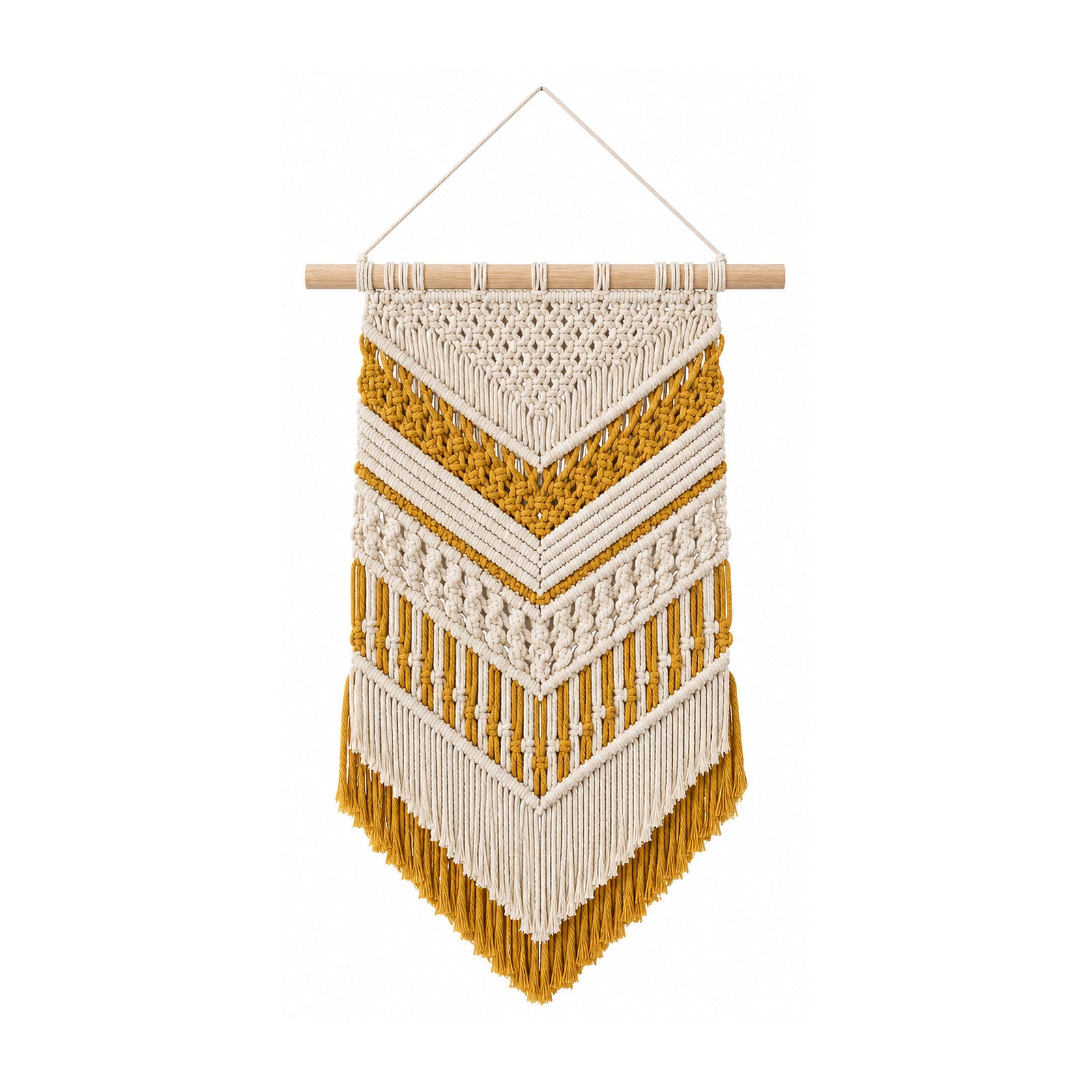 Mustard and ivory geometric cotton macrame wall hanging with layered chevrons and fringe