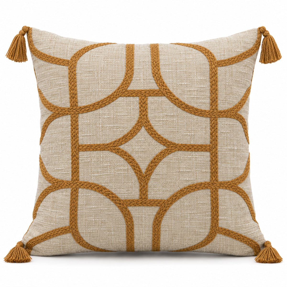 Ivory decorative cushion with mustard retro grid motif and corner tassels