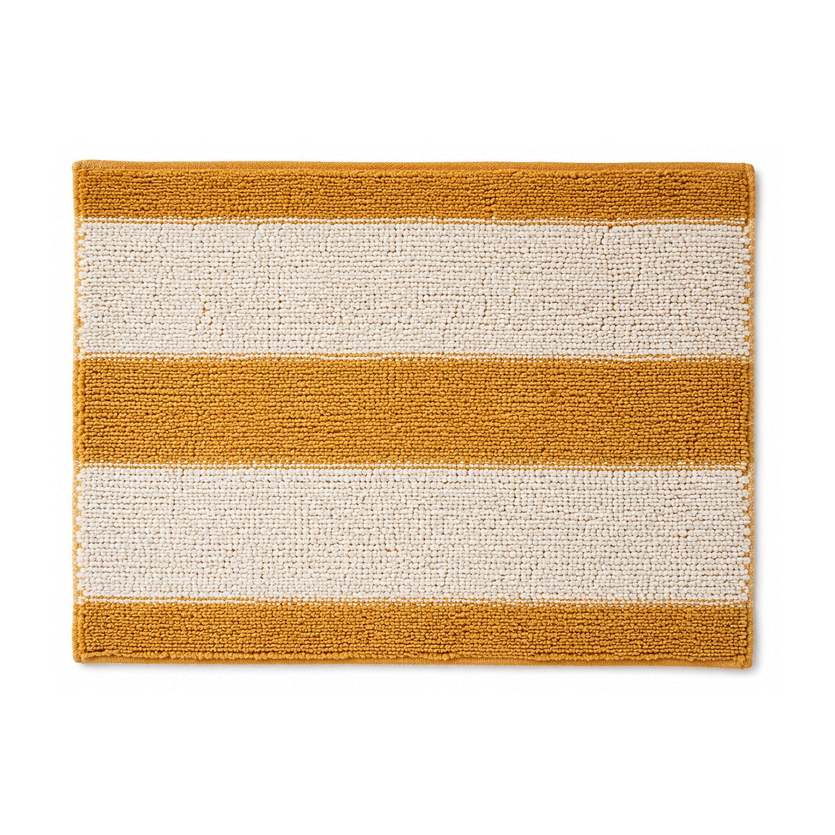 Mustard yellow and ivory striped textured bath mat on white background