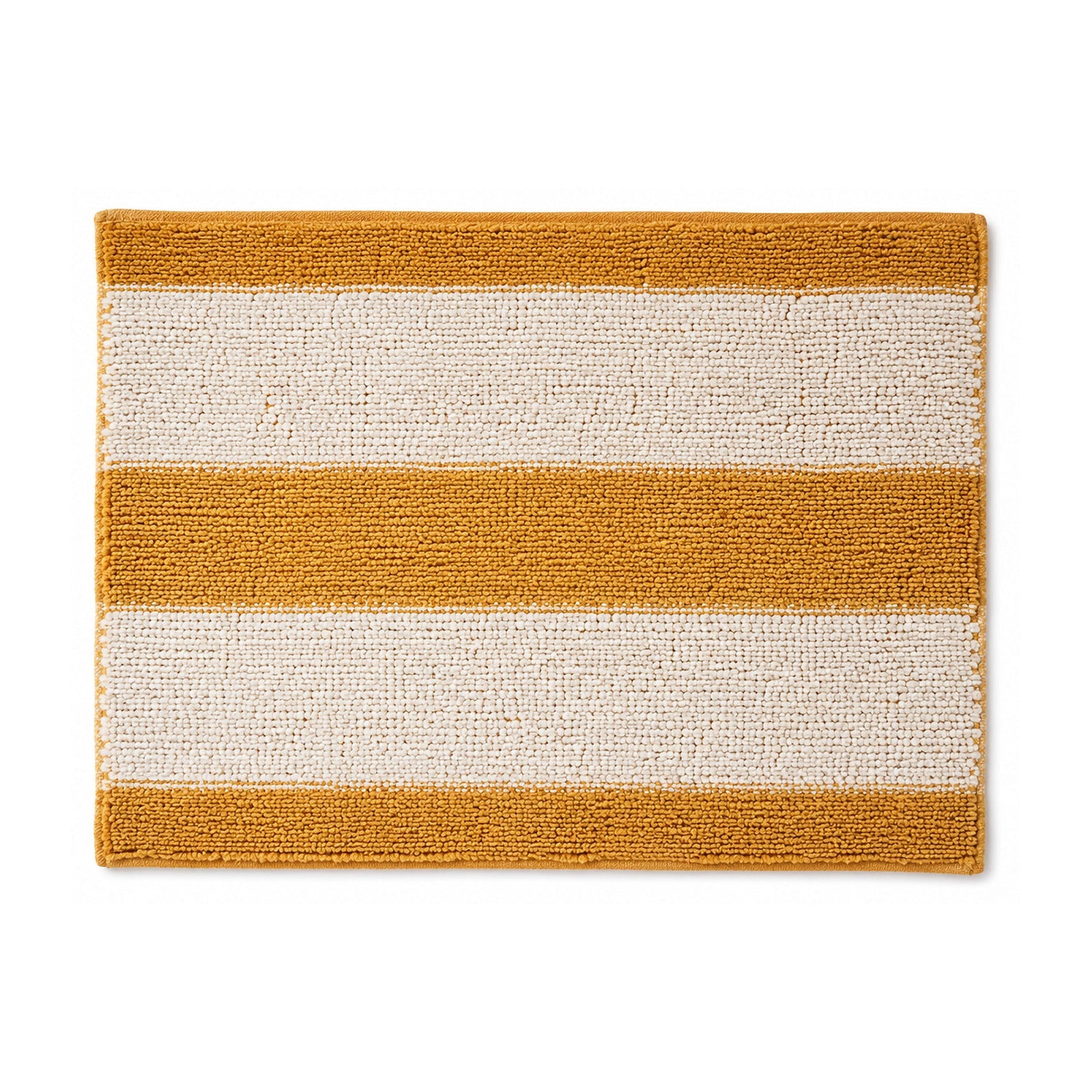 Mustard yellow and ivory striped textured bath mat on white background