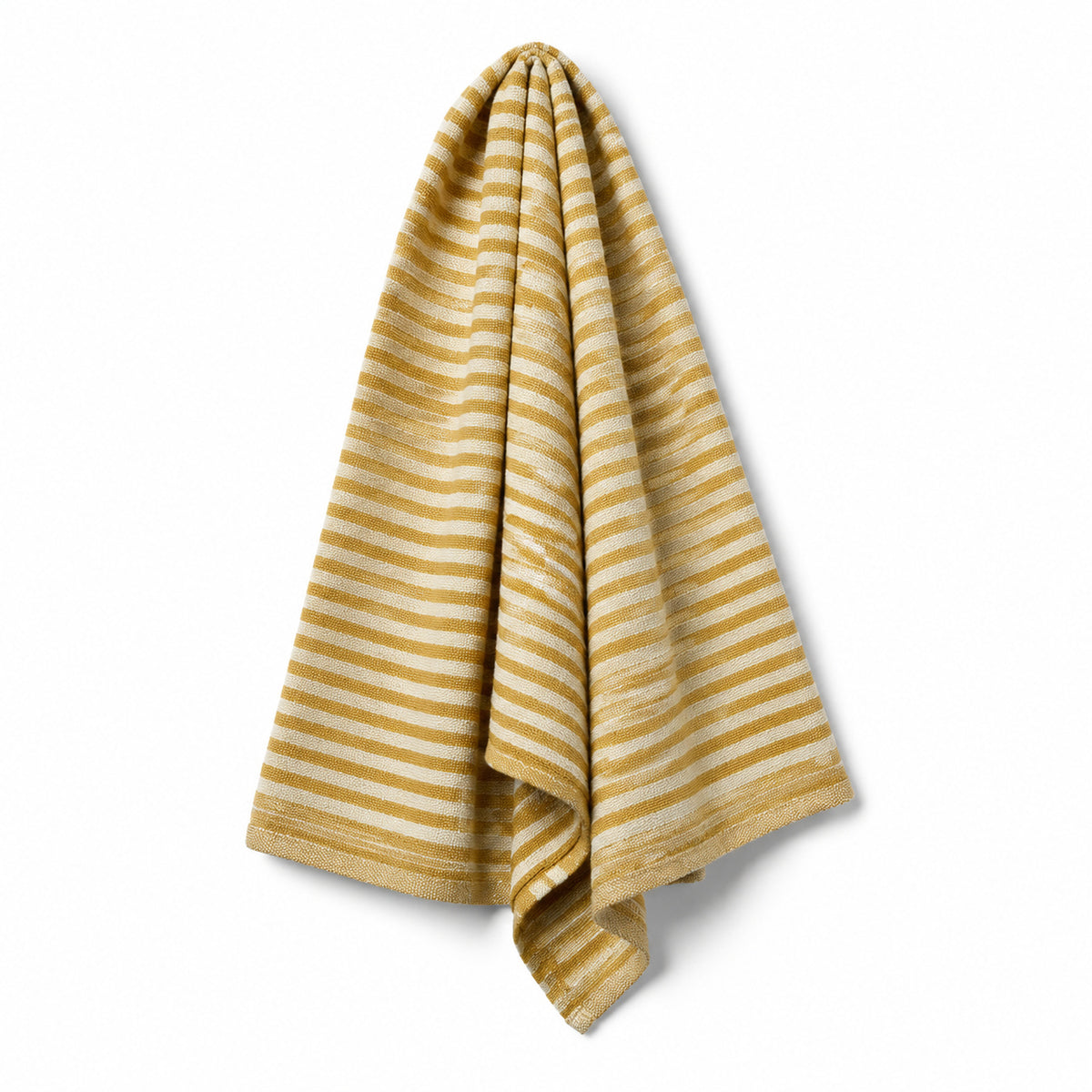 Mustard and ivory striped handwoven cotton towel 90x180 cm on white background