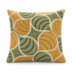 Primeval decorative cushion cover featuring mustard yellow and olive green bold overlapping circular motifs