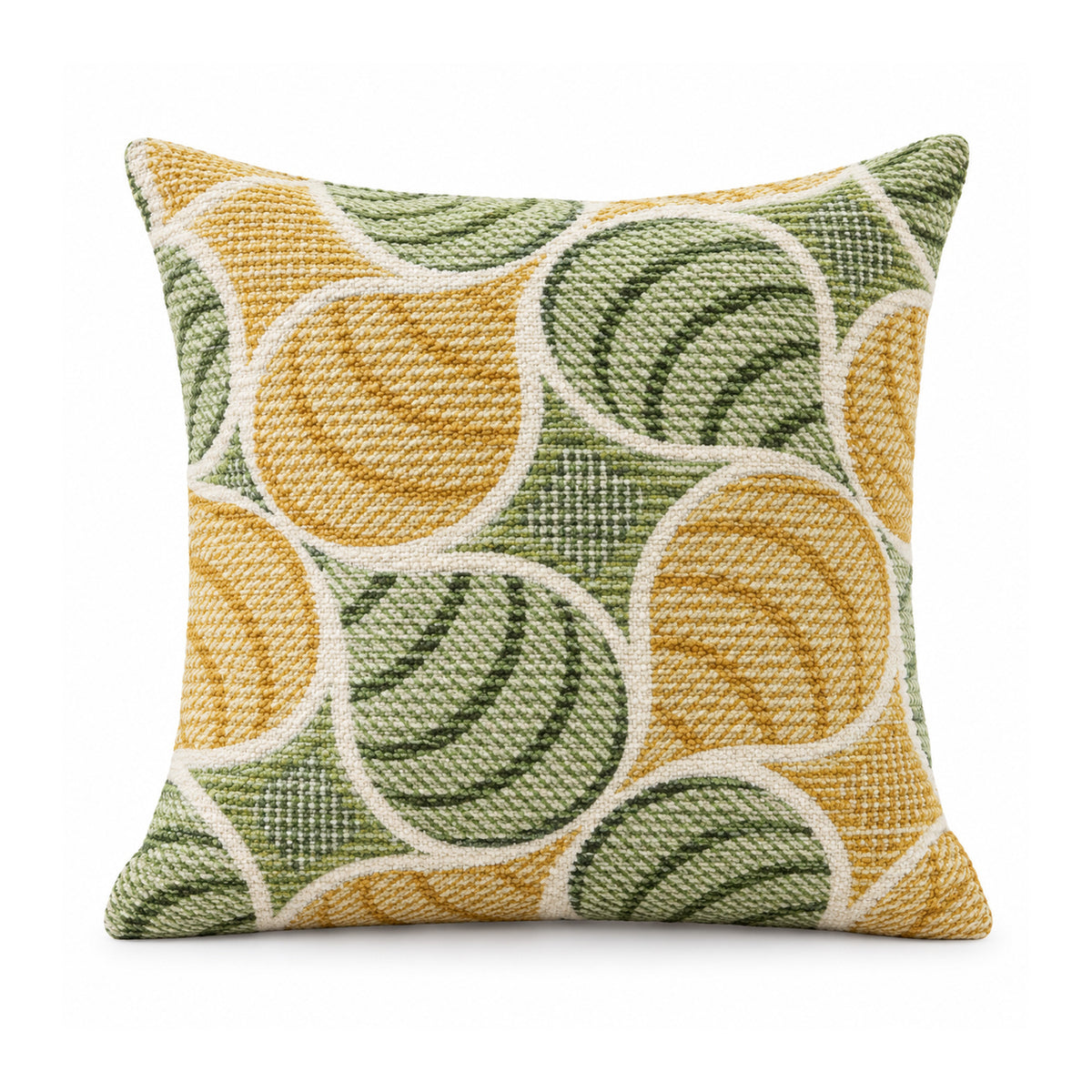 Primeval mustard yellow and olive green cushion with overlapping circular swirls and curved retro geometric motifs