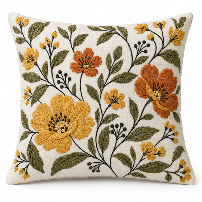 Ivory decorative cushion cover with mustard orange flowers and green botanical leaves