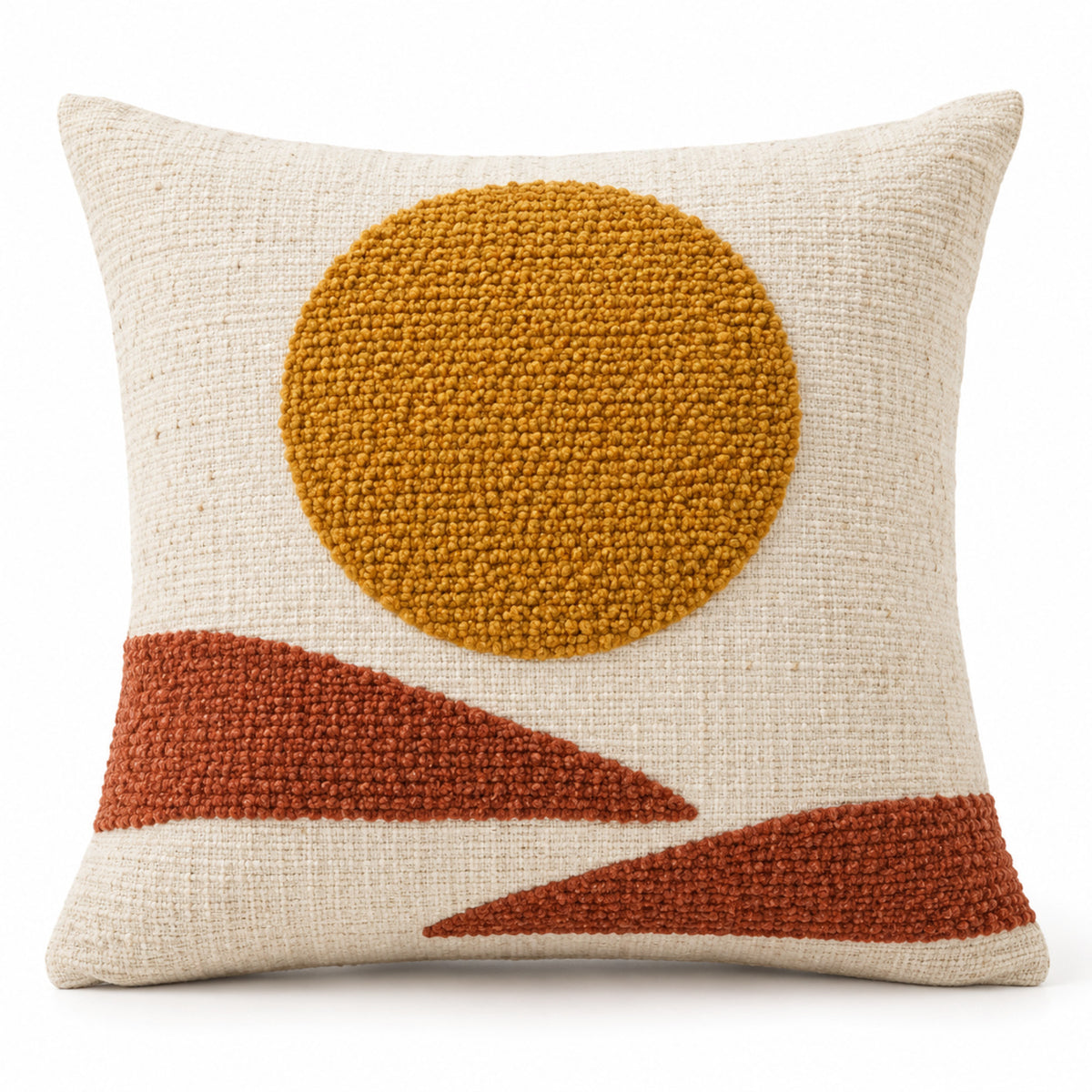 Ivory decorative cushion with mustard circle and rust abstract geometric design