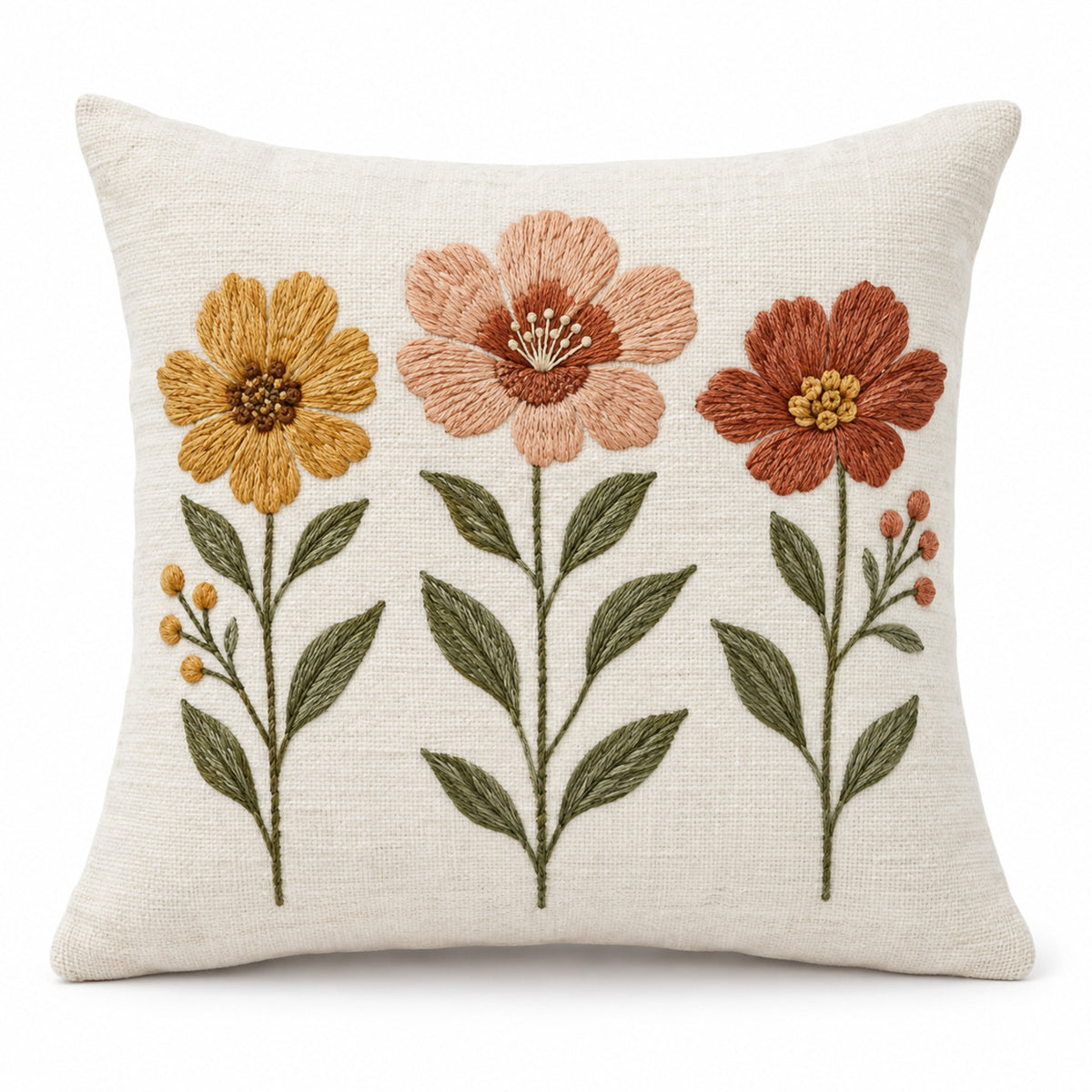 Ivory decorative cushion cover with mustard rust and terracotta flowers and green stems