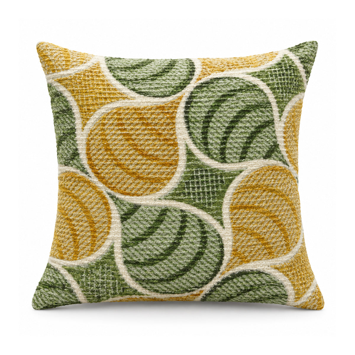 Primeval decorative throw cushion with mustard yellow and sage green overlapping circular motifs on a light background