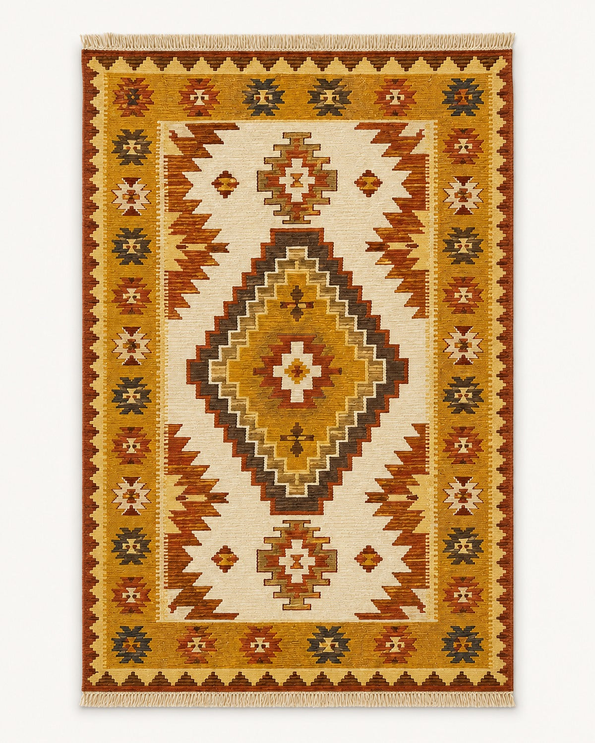 Mustard terracotta cream and brown medallion kilim rug with fringe for warm modern rug collections