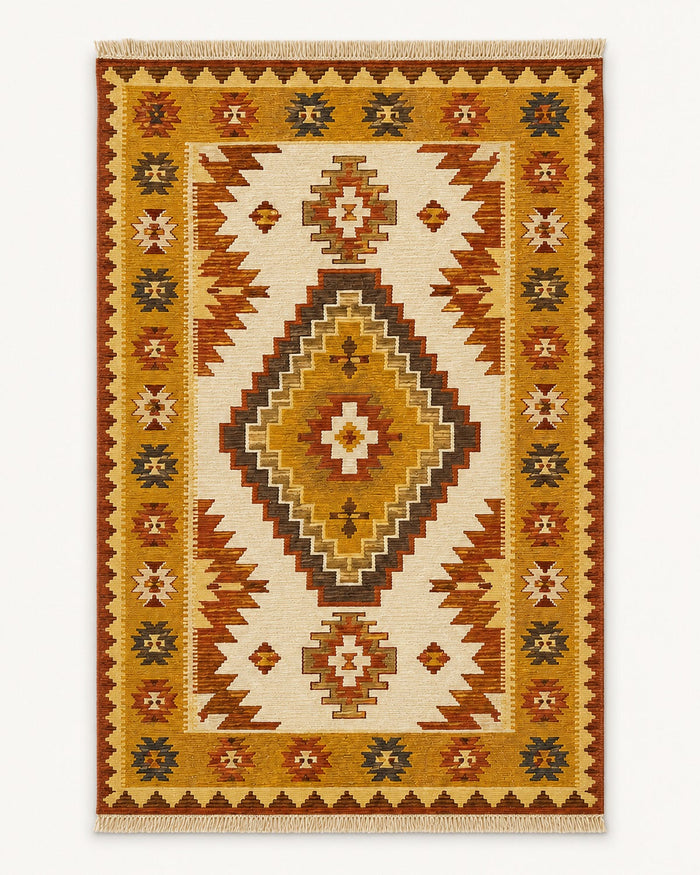 Mustard terracotta cream and brown medallion kilim rug with fringe for warm modern rug collections