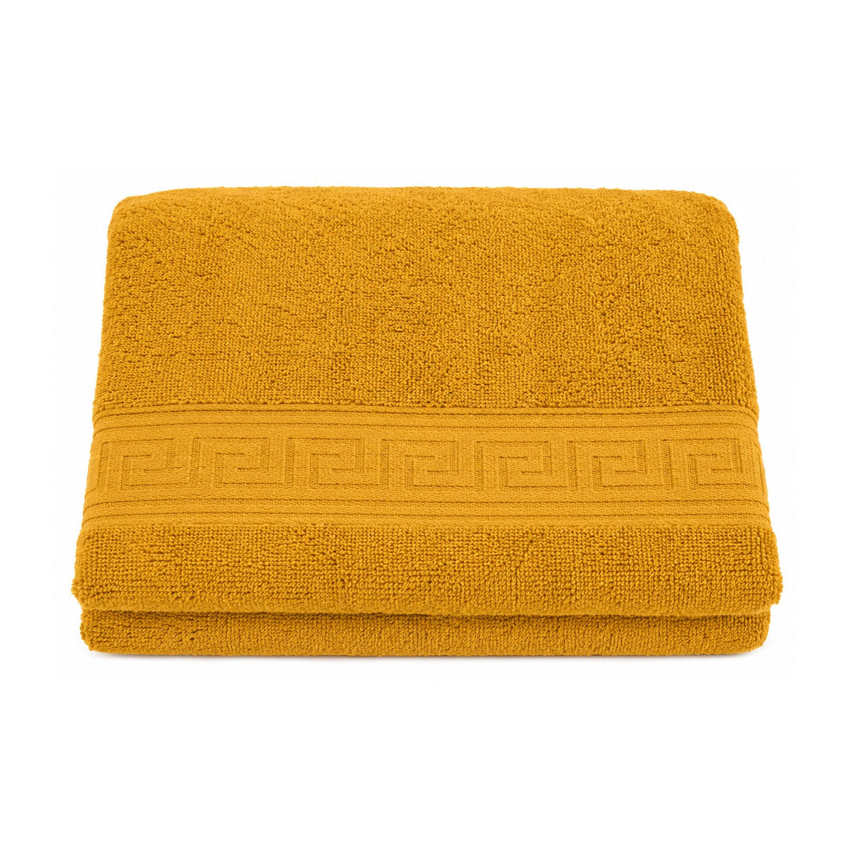 Mustard terry towel with Greek key band for premium bathroom collections