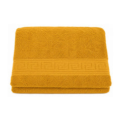 Mustard terry towel with Greek key band for premium bathroom collections