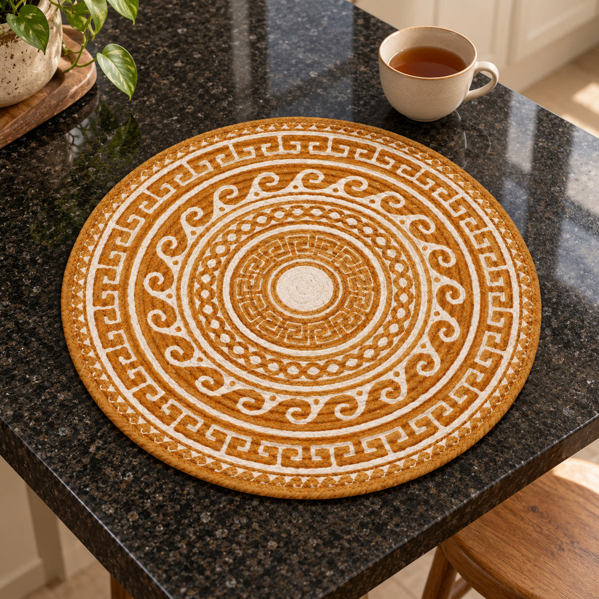 Round mustard and white ornamental mandala placemat on a dark stone tabletop