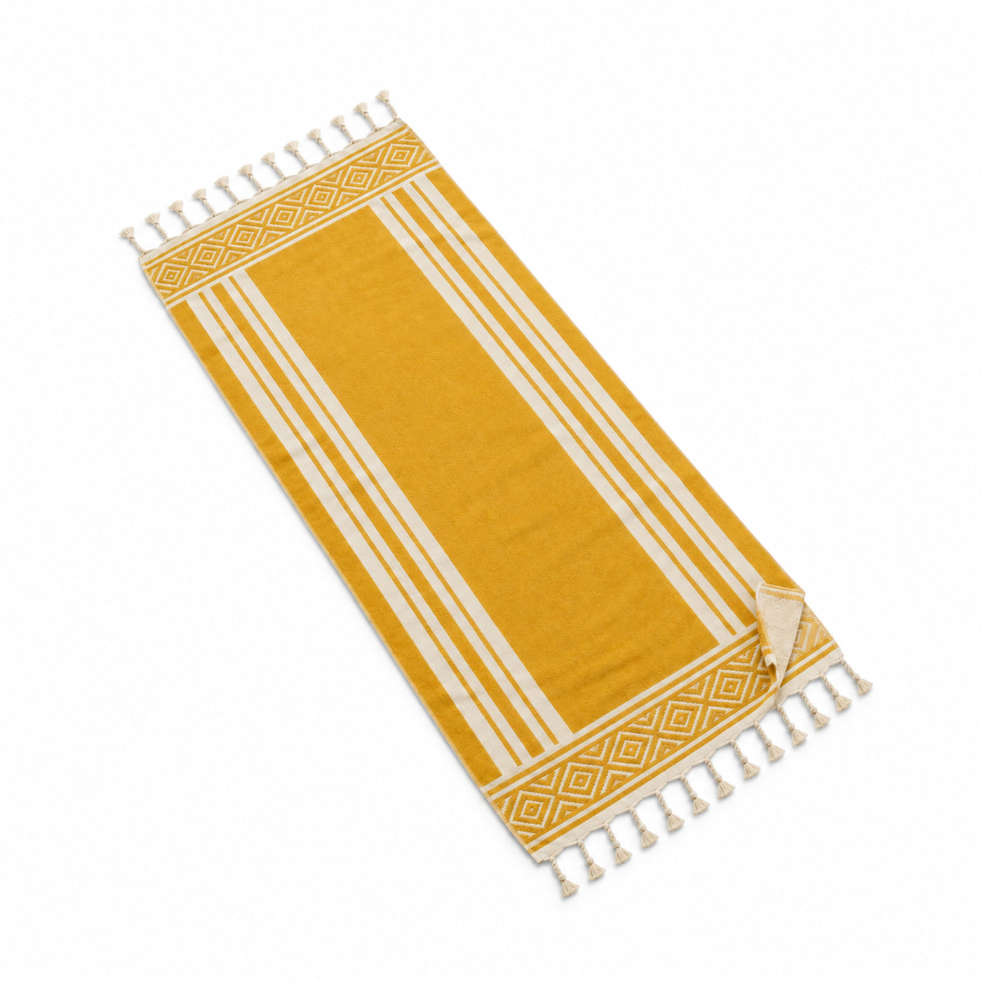 Mustard yellow fringed beach towel with a decorative border design.