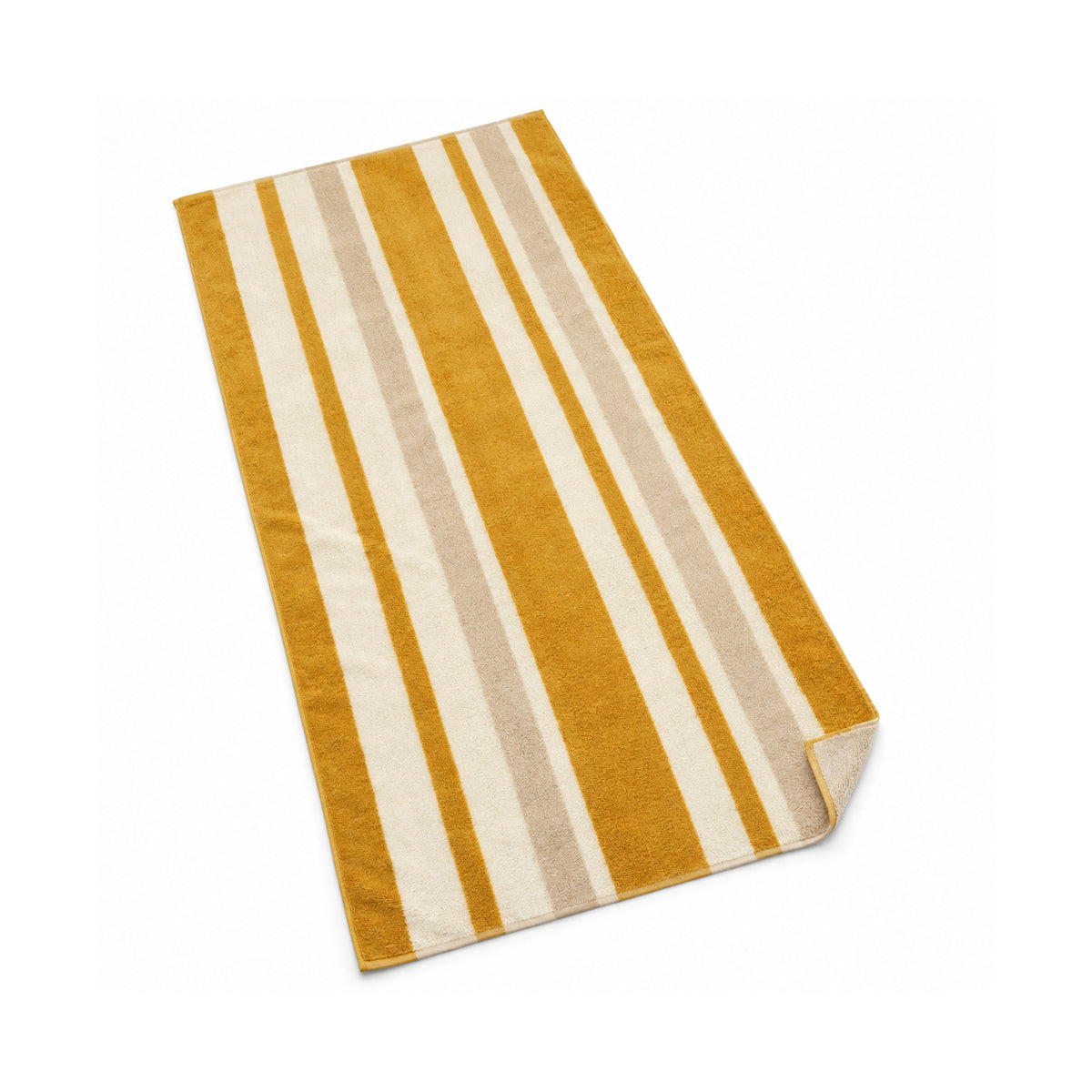 Mustard yellow and cream striped beach towel on a white background.
