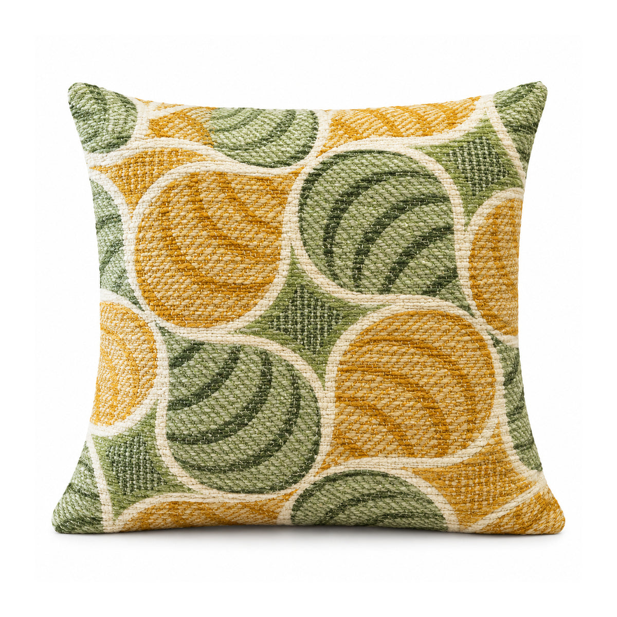 Primeval mustard yellow olive green and cream cushion with bold circular botanical-inspired swirls