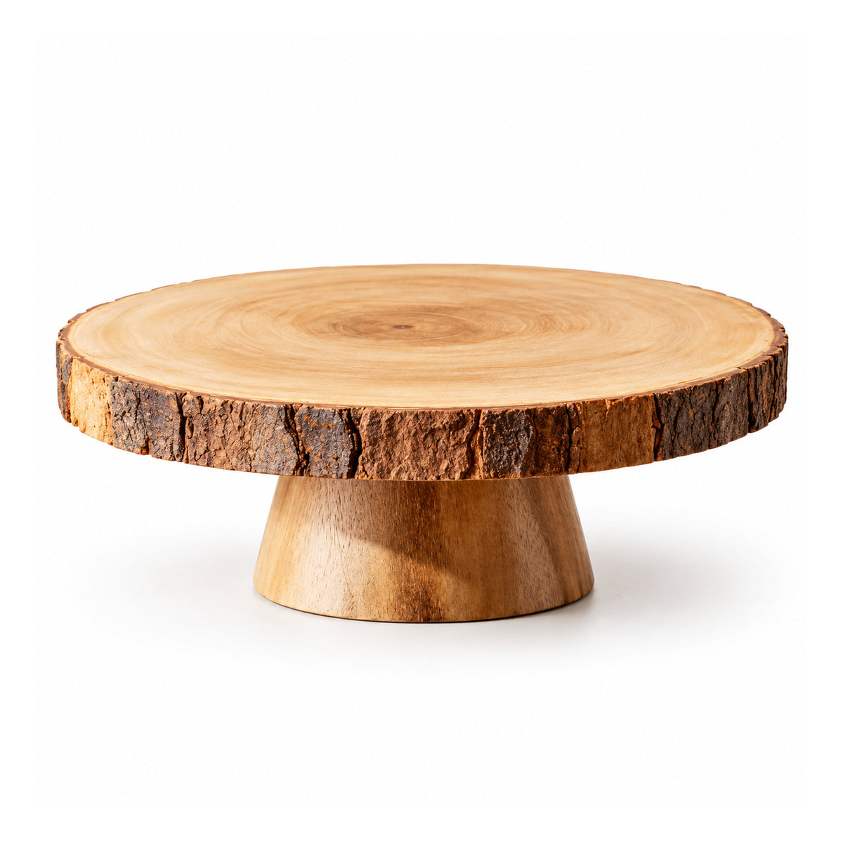 Round wooden pedestal cake stand with smooth pale-wood slice top, rough intact bark rim and short tapered central foot
