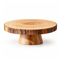 Round wooden pedestal cake stand with smooth pale-wood slice top, rough intact bark rim and short tapered central foot