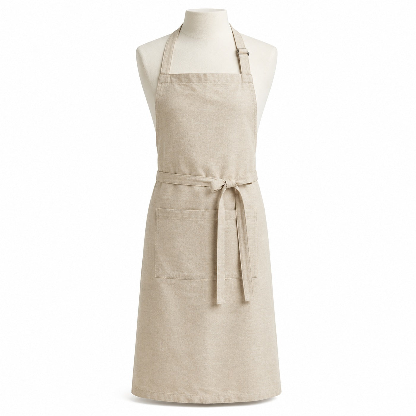 Primeval natural beige bib chef apron with front pocket displayed on a dress form