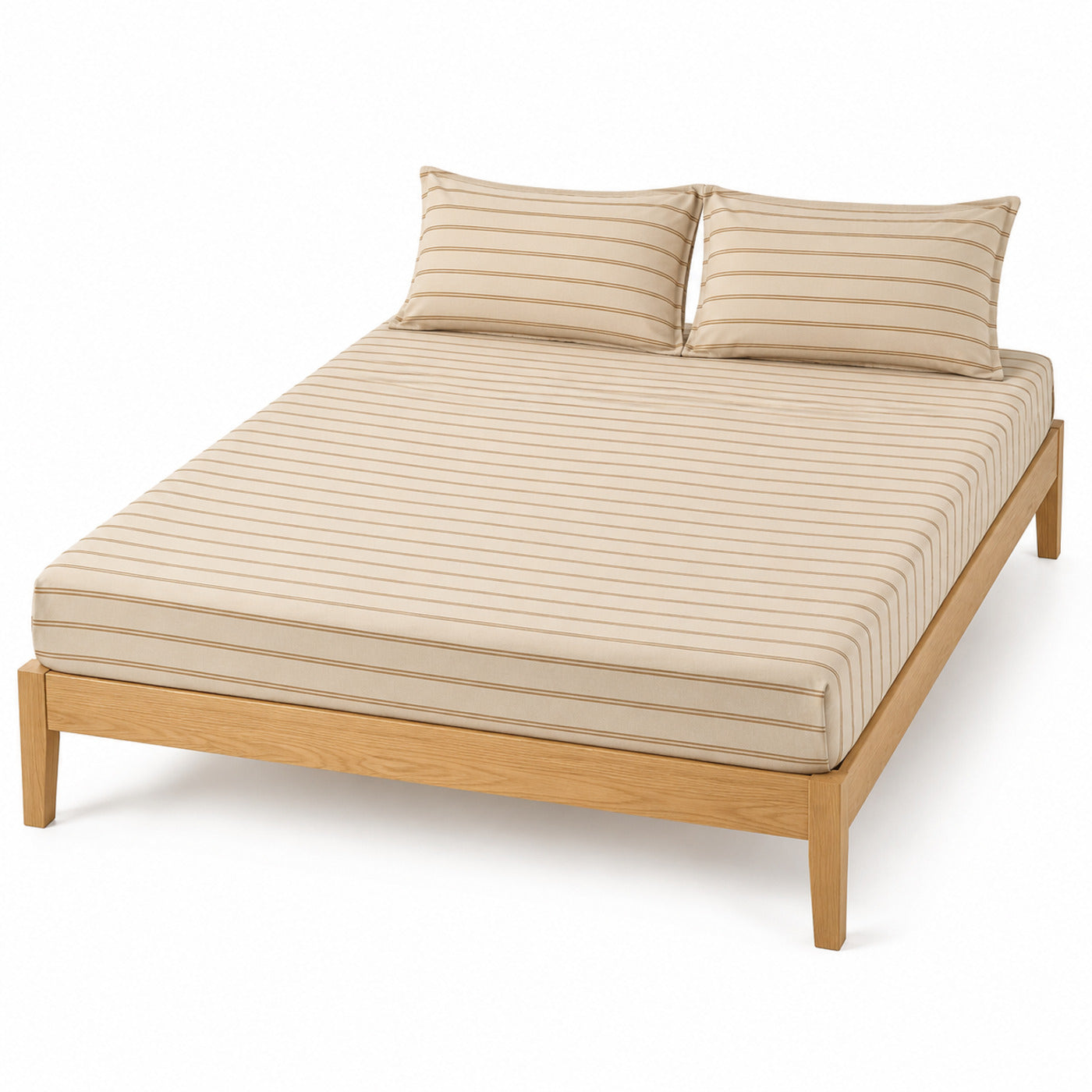 Natural beige and camel stripe bed sheet set with matching pillowcases on a wooden bed