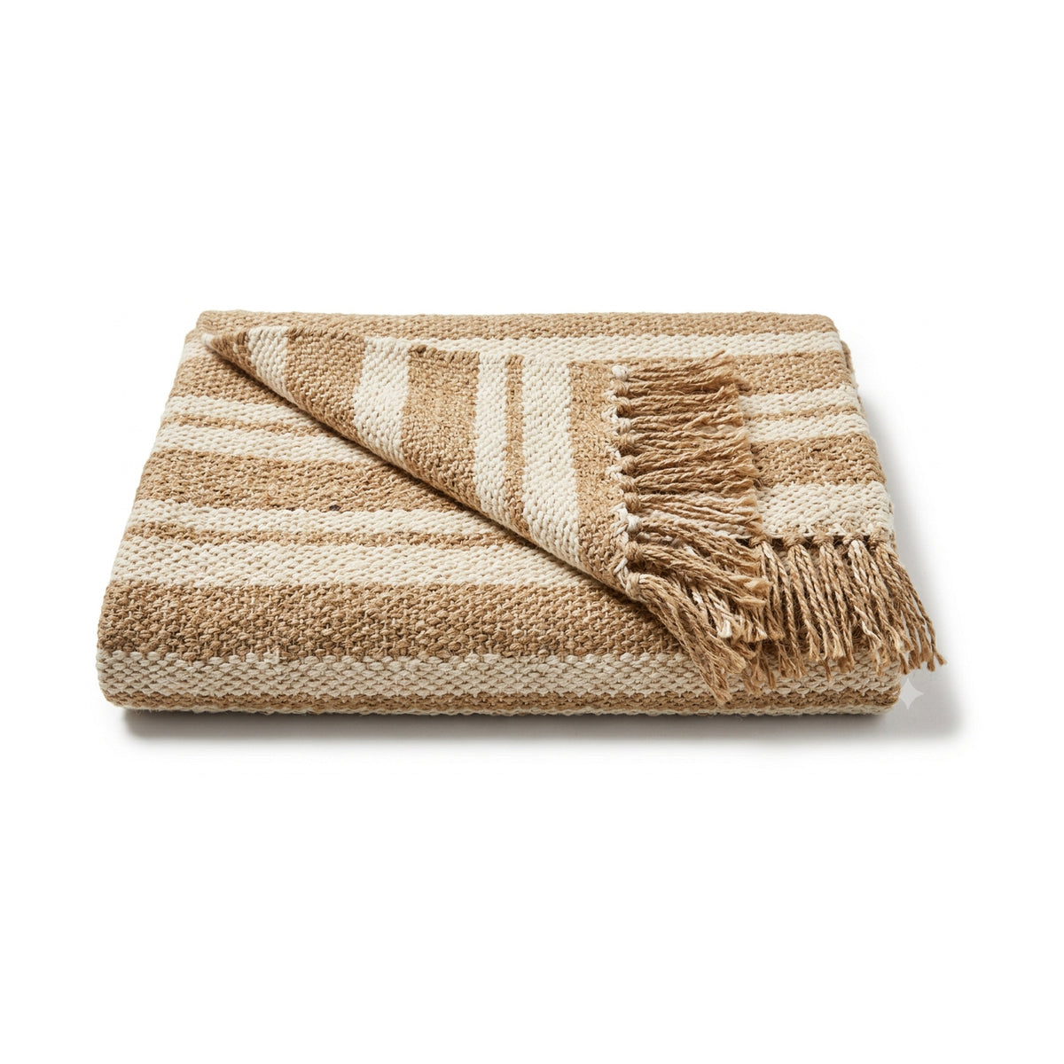 Natural beige and caramel wide stripe handwoven cotton throw with fringe 130×170 cm by Primeval