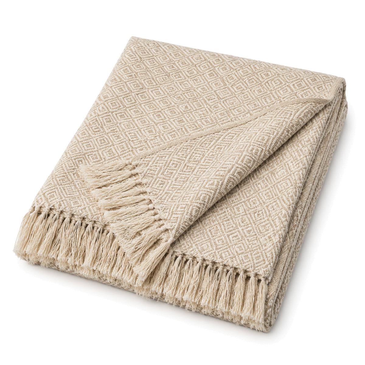 Natural beige diamond jacquard cotton throw with fringe 130×170 cm by Primeval