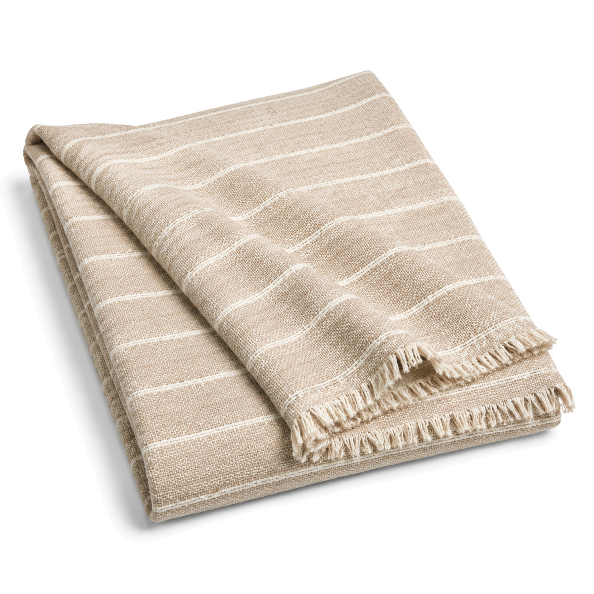 Natural beige fine stripe woven cotton throw with fringe 130×170 cm by Primeval