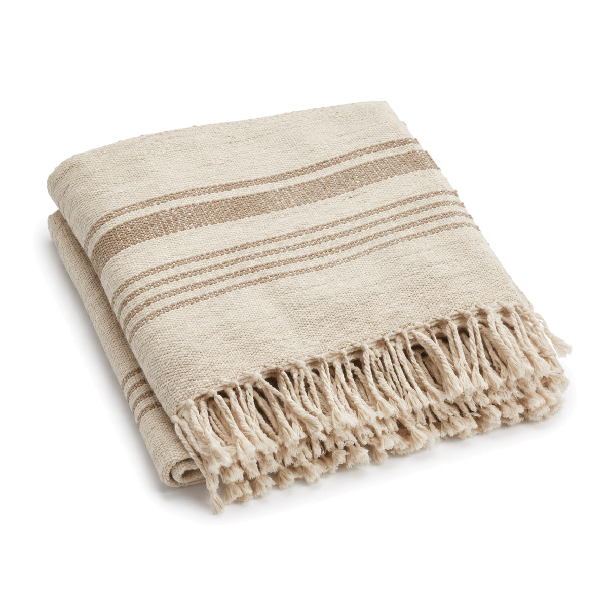Natural beige handwoven stripe cotton throw with fringe 130×170 cm by Primeval