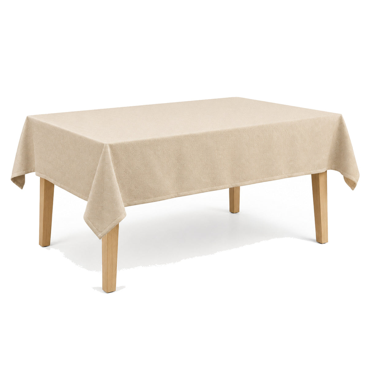 Primeval natural beige herringbone tablecloth displayed on a rectangular dining table