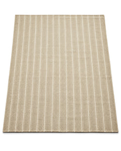 Natural beige and ivory handwoven area rug with fine vertical stripes on a white background.