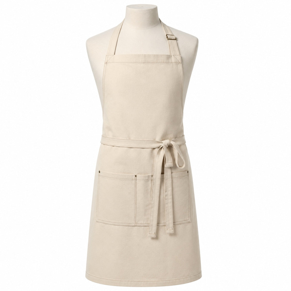 Primeval natural beige chef apron with multiple front utility pockets displayed on a dress form