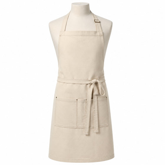 Primeval natural beige chef apron with multiple front utility pockets displayed on a dress form