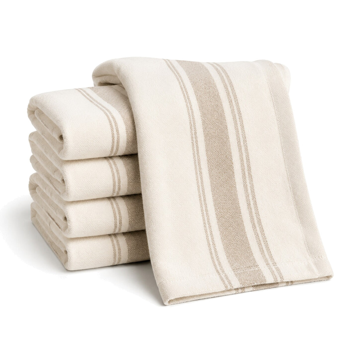 Primeval natural beige pinstripe cotton kitchen towel set in folded studio presentation