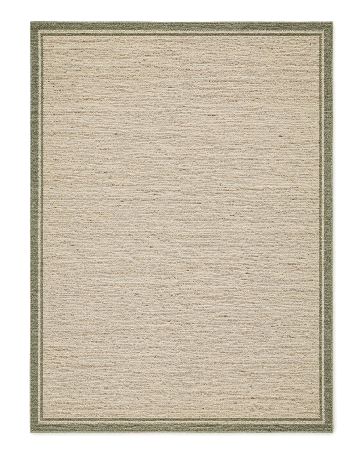 Natural beige handwoven area rug with a slim sage green border on a white background.