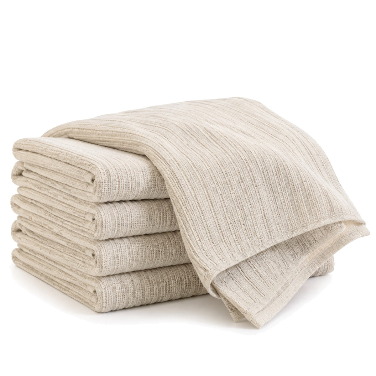 Primeval natural beige slub texture cotton kitchen towel set in folded studio presentation
