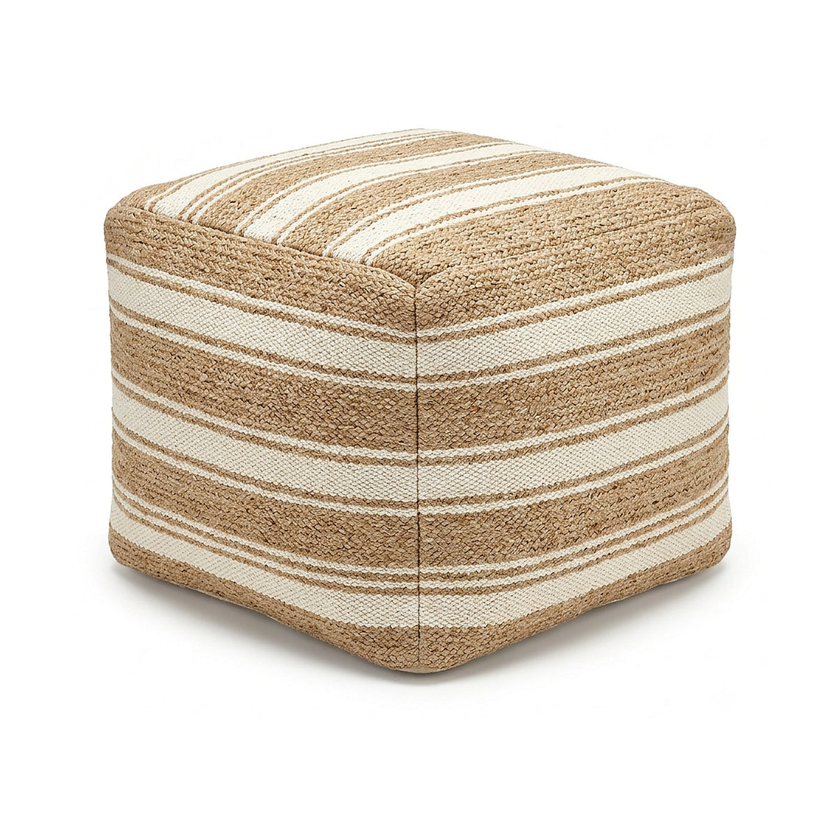 Natural beige striped woven cube pouf by Primeval
