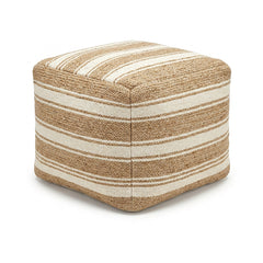 Natural beige striped woven cube pouf by Primeval