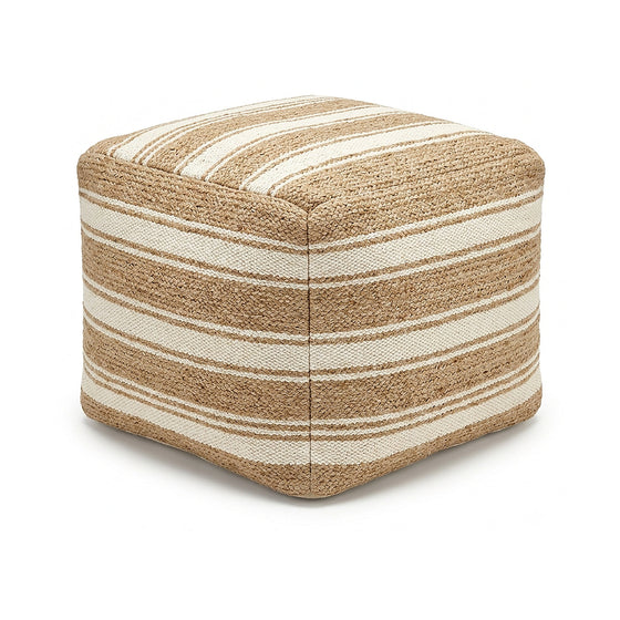 Natural beige striped woven cube pouf by Primeval