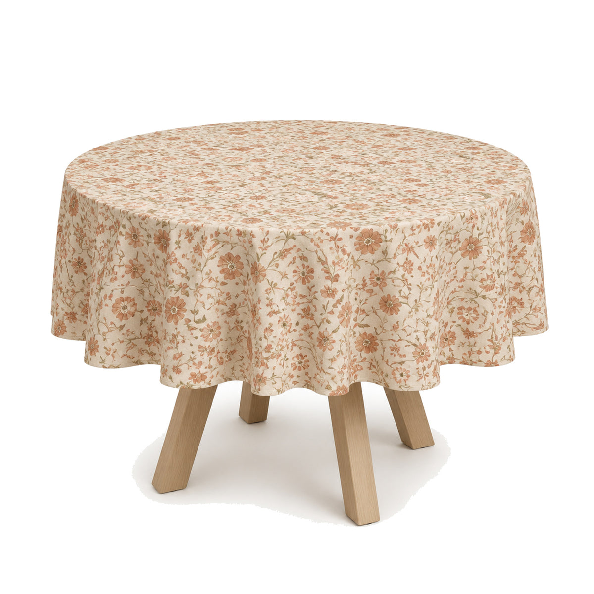 Primeval natural beige terracotta floral print tablecloth displayed on a round dining table