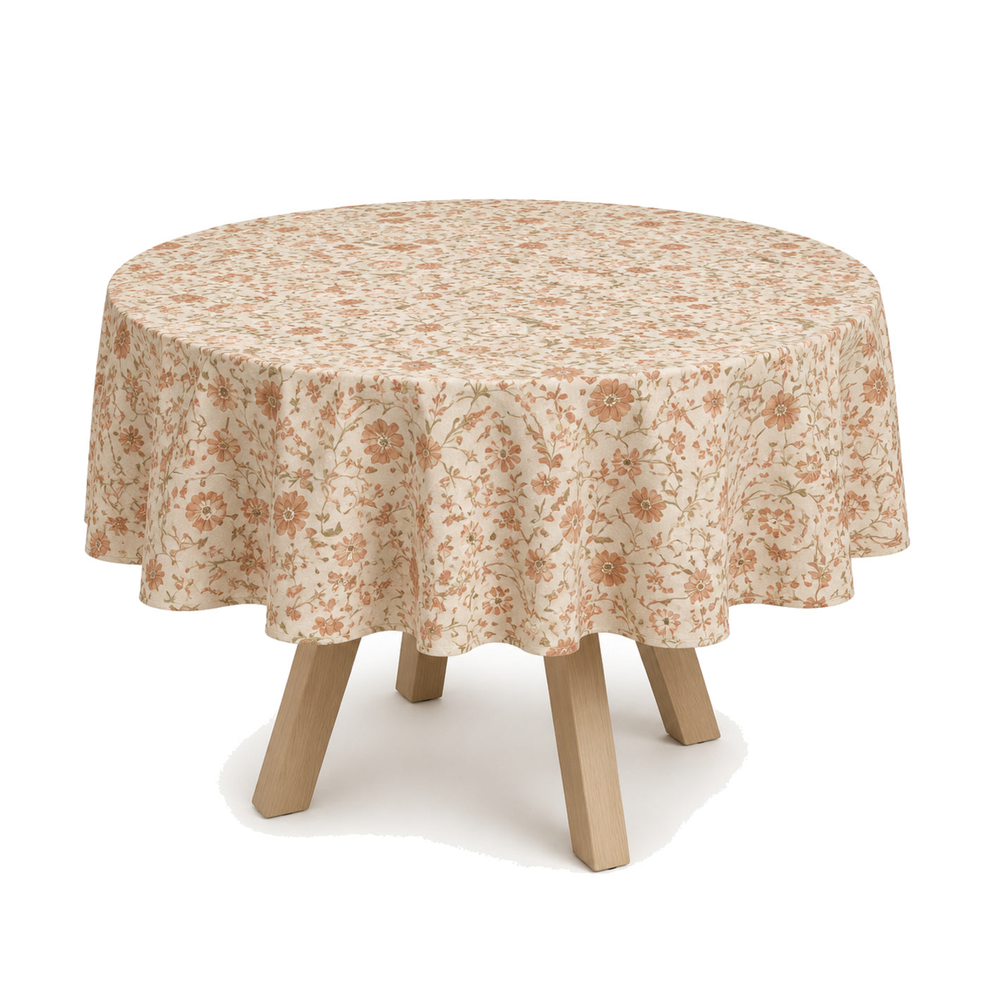 Primeval natural beige terracotta floral print tablecloth displayed on a round dining table