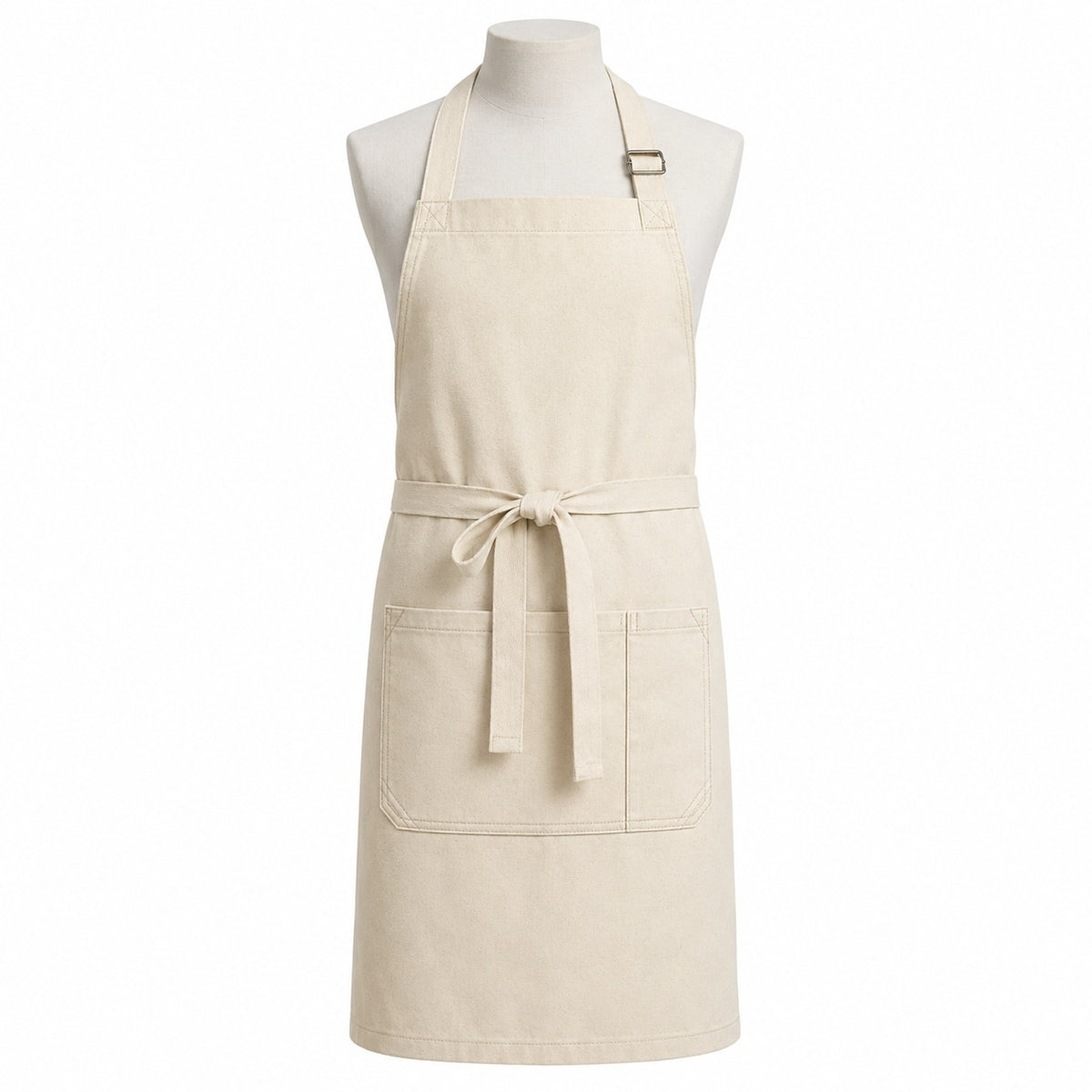 Primeval natural beige utility chef apron with practical front pockets displayed on a dress form