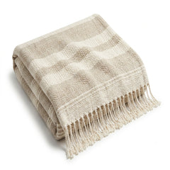 Natural beige windowpane check woven cotton throw with fringe 130×170 cm by Primeval
