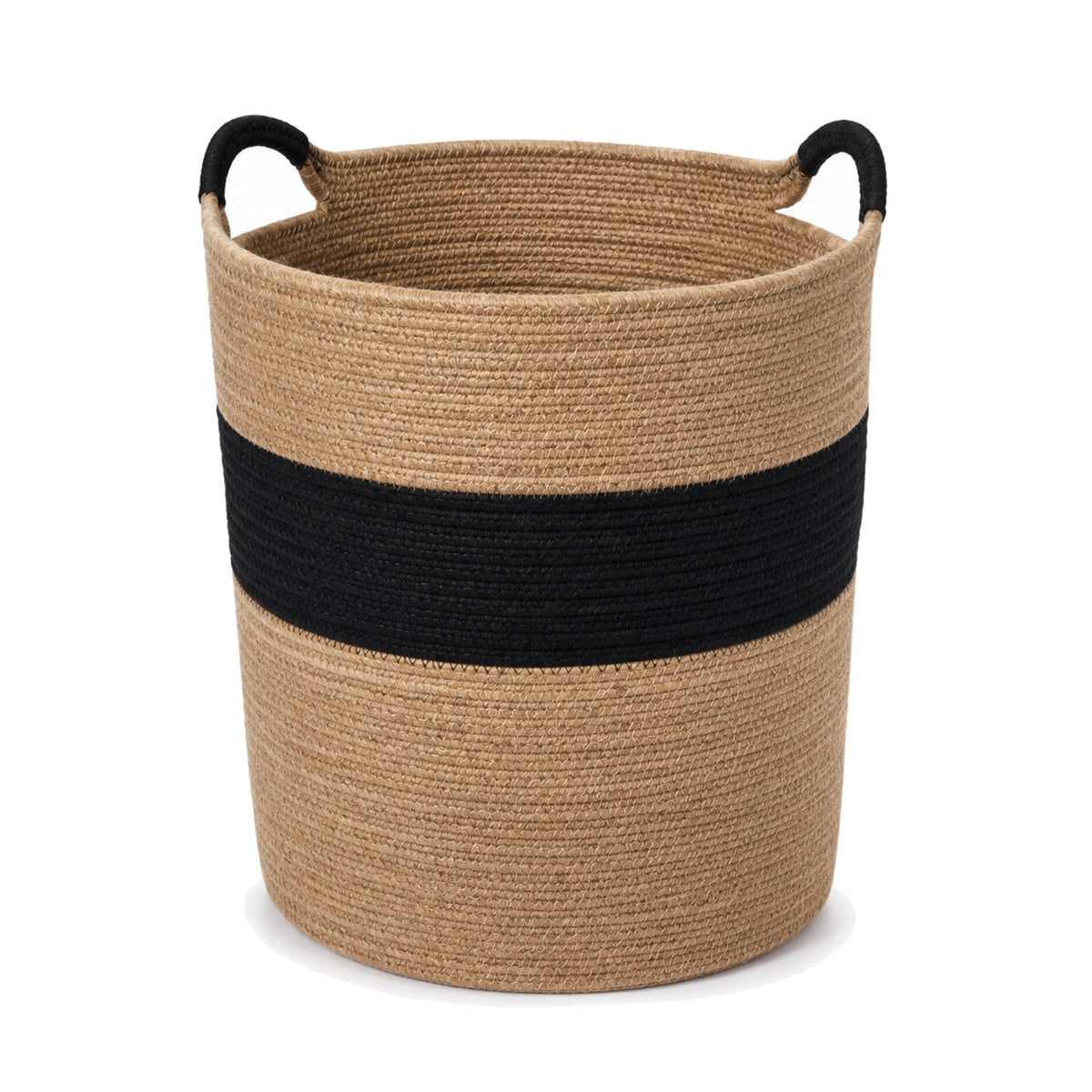 Primeval natural jute laundry basket with black band and black handles on a white background